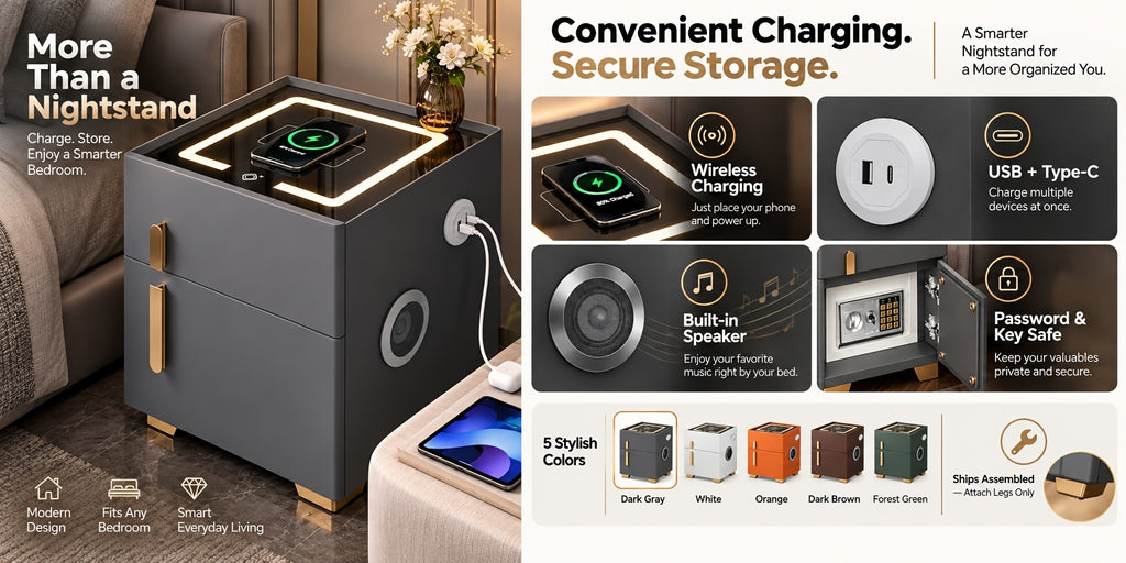 Light Luxury High-end Modern Double Drawer Safe Bedside Table, Multifunctional Bedside Table with Password Lock for Storing Valuable Items