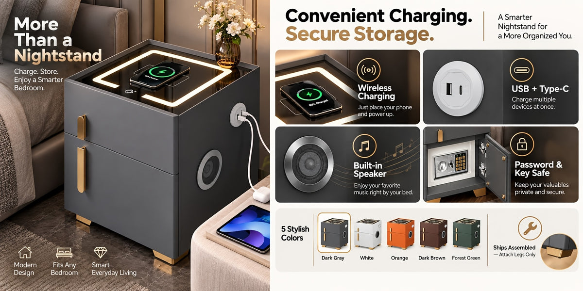 Light Luxury High-end Modern Double Drawer Safe Bedside Table, Multifunctional Bedside Table with Password Lock for Storing Valuable Items