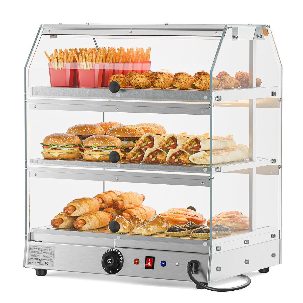 2-Tier Food Warmer Pizza Warmer Countertop, Food Warmer Display Pretzel Warmer with LED Lighting Front and Rear Doors, Electric Catering Hot Box Acrylic for Buffet Restaurant Cafe