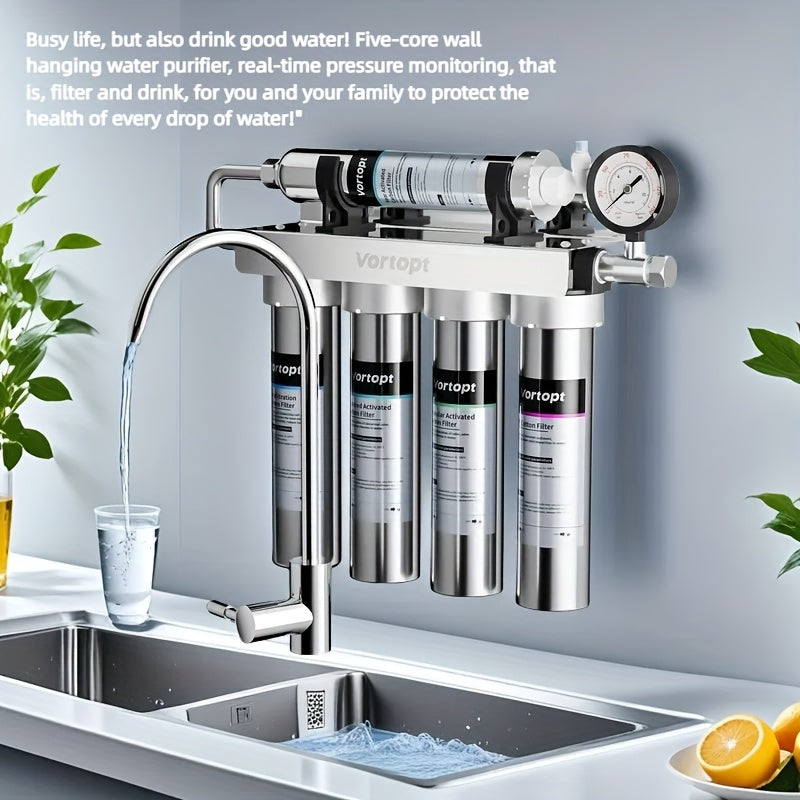 Drinking Water Filter, Reverse Osmosis Filter, 5-Stage Water Filtration Can Remove And Chlorine, with Independent Faucet, Real-Time Pressure Monitoring, Countertop, Under-Sink, Wall-Mounted Installation