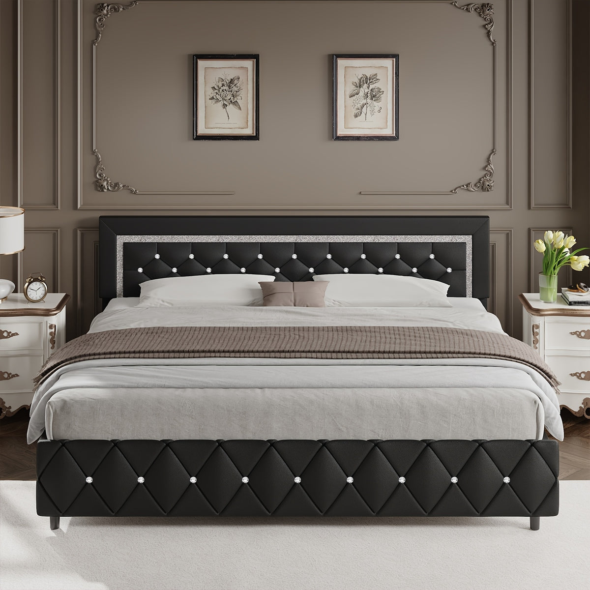 4ever2buy Twin Full Queen King Platform Bed Frame with Upholstered Diamond Headboard, Mattress Foundation with Strong Wooden Slats Support, No Box Spring Needed, Easy Assembly, Valentine's Day Gifts, Pearlized White, Black, Pink, Green, Grey, Beige
