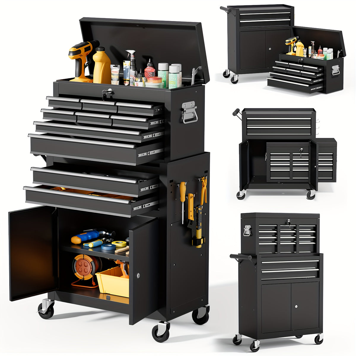10-Drawer Rolling Tool Chest On Wheels, 2-in-1 Lockable Tool Chest with Drawers, Removable Top Cabinet And Storage Cart, Steel Tool Cart with Lining And Hooks