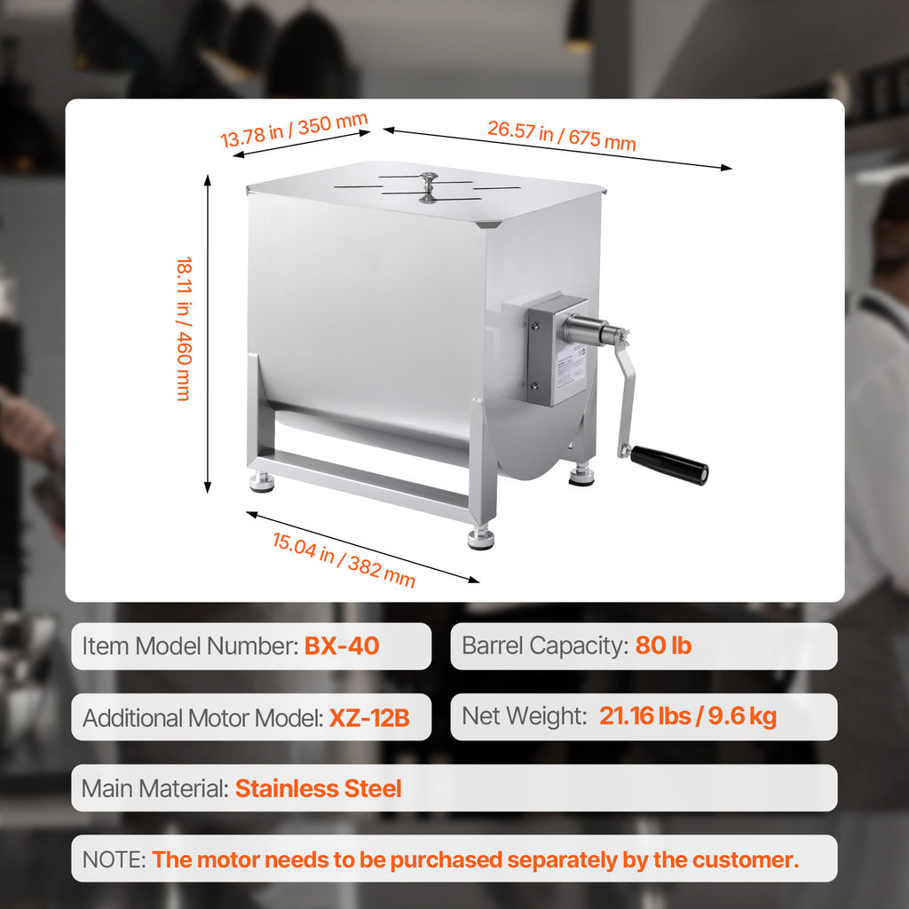 VEVOR Manual Meat Mixer 10L/20L/30L/40L Fixed Tank Mixing Max 60LB for Meat Sausage Mixer, Non-tiltable style/Tiltable style