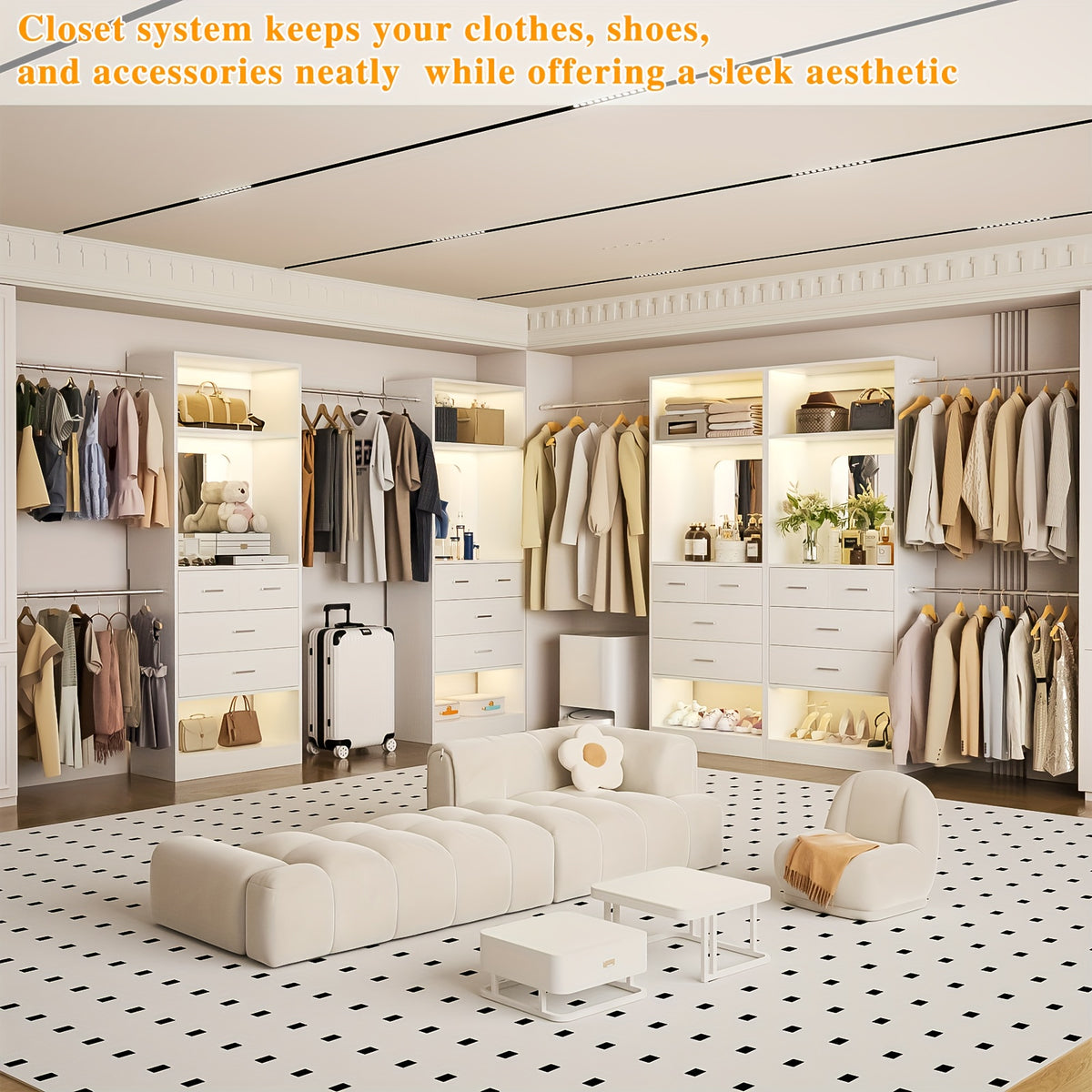 Besiost Closet Systems, 6-14ft Walk In Closet Organizer with 8 Drawers And Mirror, 168" Large Wood Closets Insert with Tower, Sturdy Wardrobe Closets Garment Rack with Extendable Hanging Rods, White