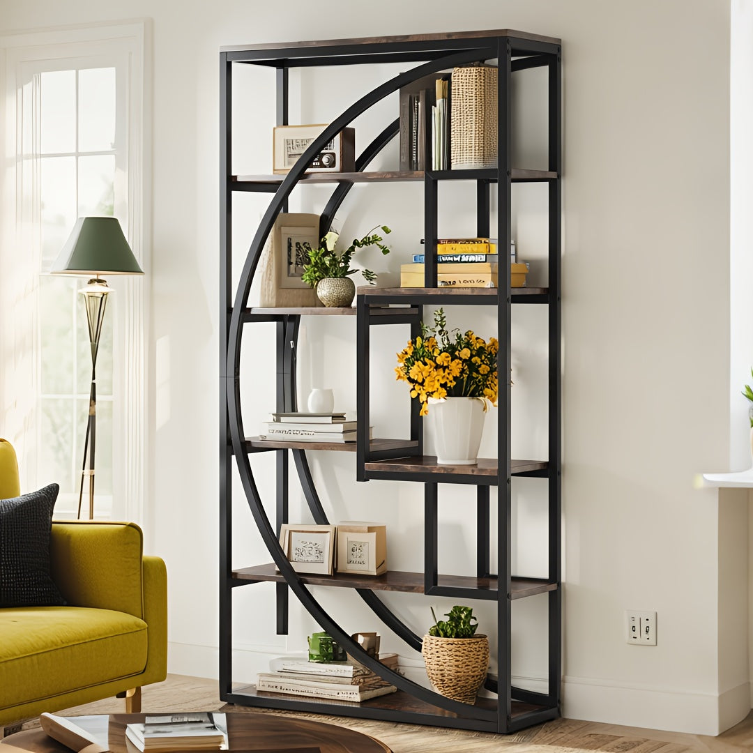 70.8" Rustic Brown Wooden Bookshelf - Industrial 5-Tier Open Shelf Bookcase, 8-Shelf Tall Etagere for Home Office & Living Room, Heavy Duty Display Shelf for Books & Decor