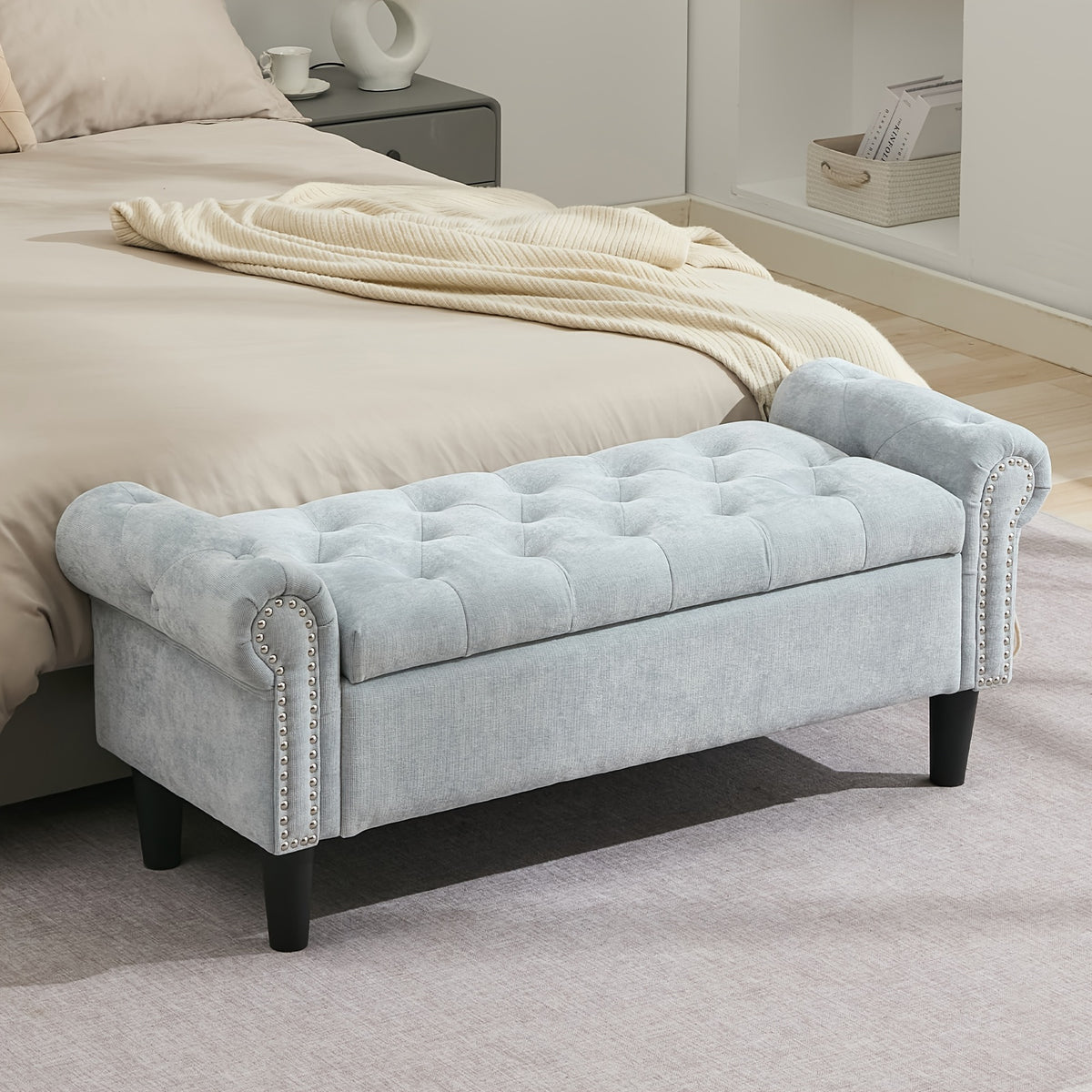 Storage Ottoman with Seat, Safety Hinge Storage Bench, Chenille Fabric, Cushion Storage Bench with Seat, for Bedroom, Living Room