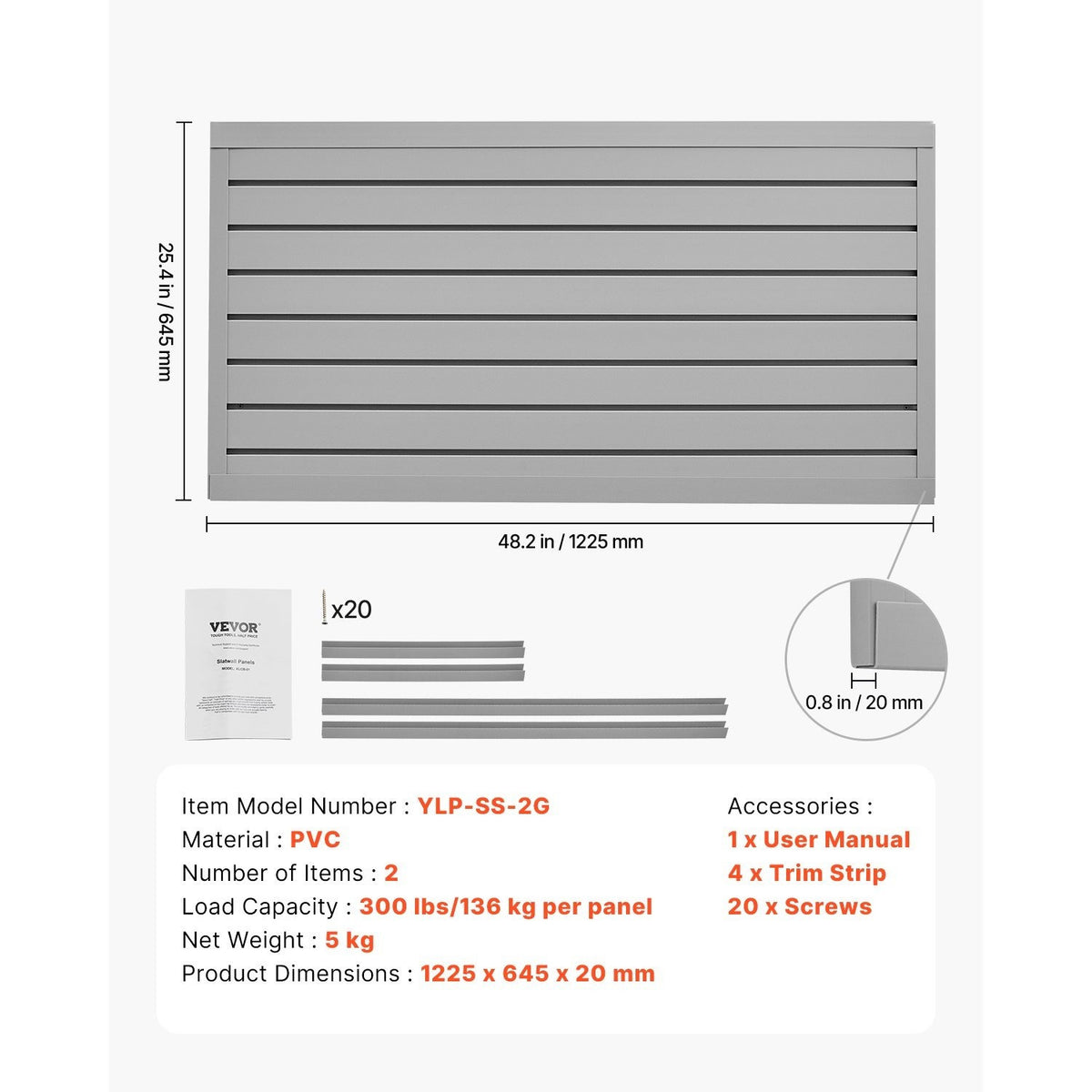 VEVOR 2 x 4 ft / 4 x 4 ft / 8 x 4 ft Slat Wall Paneling PVC White Garage Slatwall with Modular Design White/Grey/Black