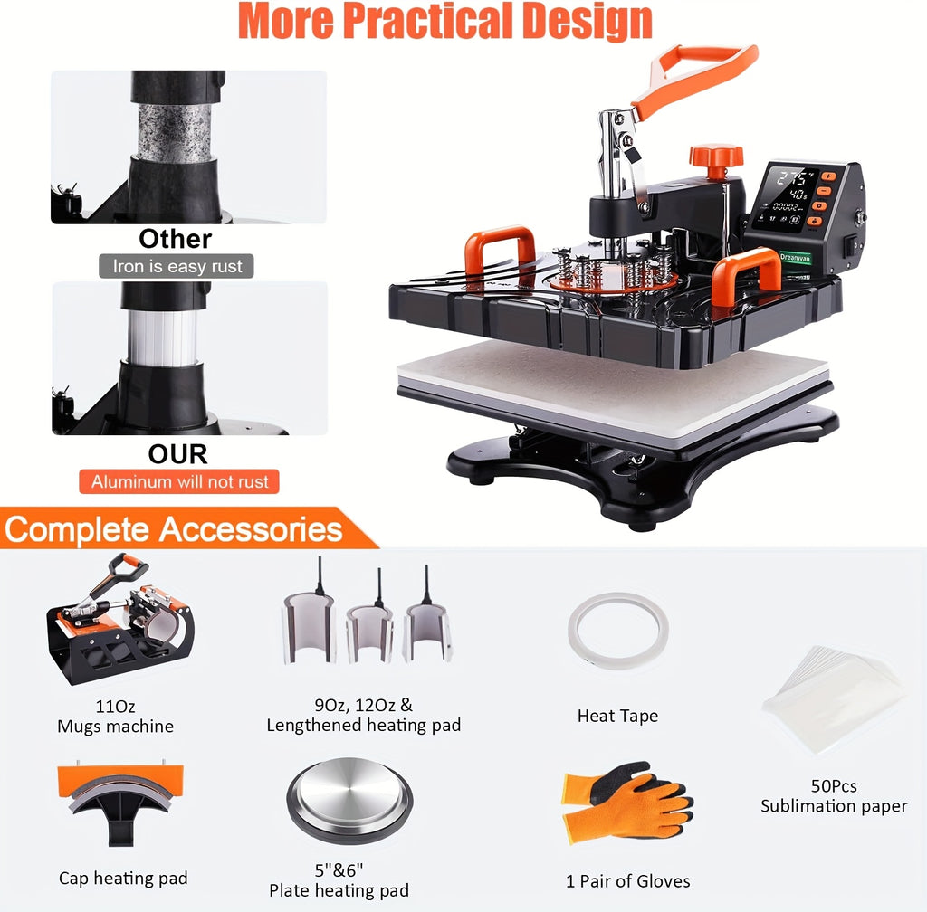 11pcs 8-in-1 - 15"x15"/12"x15" Heat Press Set for T-Shirts, Bags, Pillows, Hats, Beanies, Roller - 12"x10" T-Shirt Machine(Weight 25.35 Lbs) & 15"x15" Auto Single-Workbench & 15"x15" Auto Dual-Workbench Heat Press Only for Cloth, Shirts, Canvas Bags