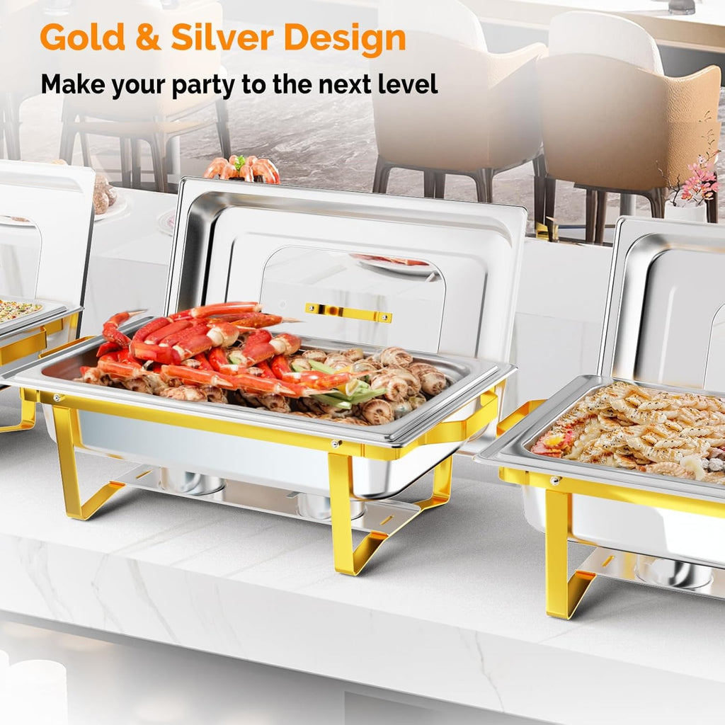 MEFEIR Chafing Dishes for Buffet 4 Pack, 9QT Chafing Dish with Multiple Food Pans Combo,Stainless Steel Buffet Servers and Warmers with Glass Lid & Folding Frame for Parties Weddings, Gold & Silver only for cooking