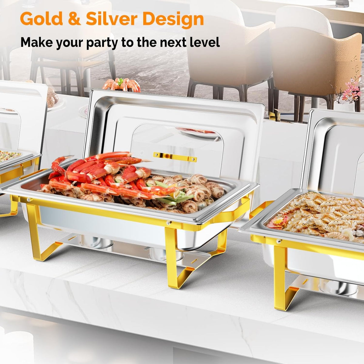 MEFEIR Chafing Dishes for Buffet 4 Pack, 9QT Chafing Dish with Multiple Food Pans Combo,Stainless Steel Buffet Servers and Warmers with Glass Lid & Folding Frame for Parties Weddings, Gold & Silver only for cooking