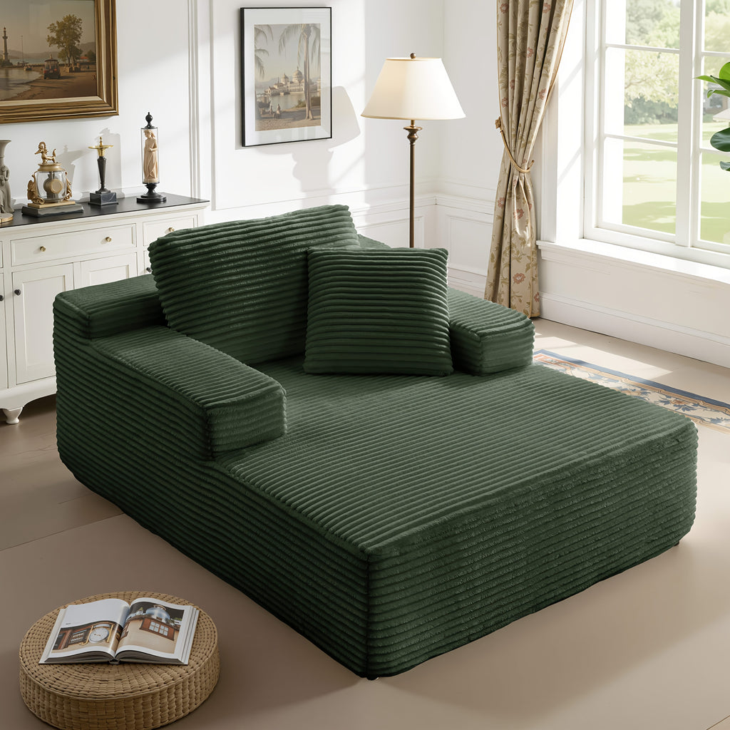 51-Inch Oversized Boneless Lounge Chaise Recliner - Corduroy Sofa with Pillows And Armrests | Deep-Seat with High-Density Foam Cushion | Living Room/Apartment/Bedroom U-Shaped Folding Sofa Bed | No Assembly Required | Beige/Black/Green/Orange