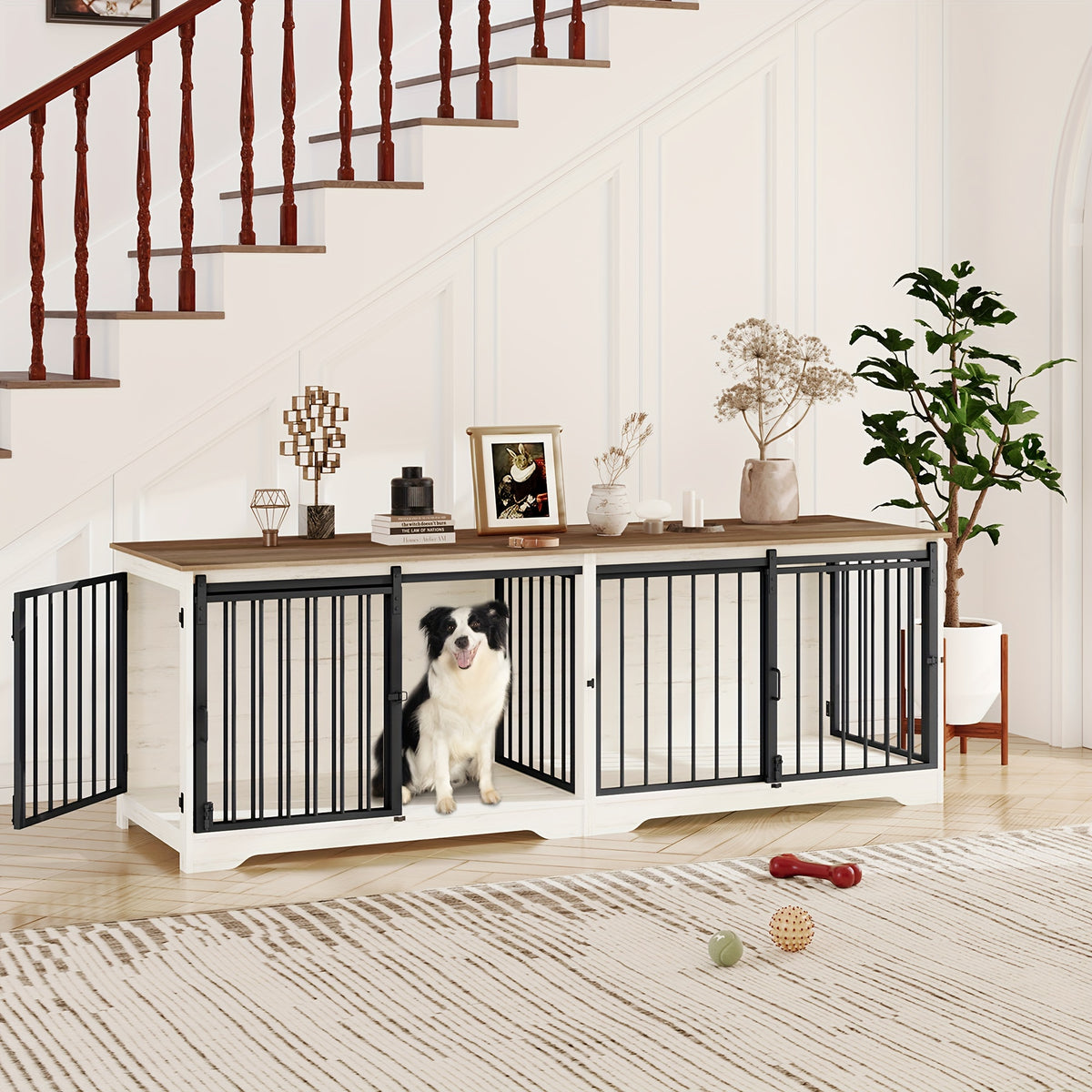 78" Dog Crate Furniture with Divider, Dog Crate Barn Door, Dog Kennel Indoor, Wood Dog Crate for 2 Dogs Small/Medium/Large Dog, End Side Table, Anti-Chew Anti-Escape