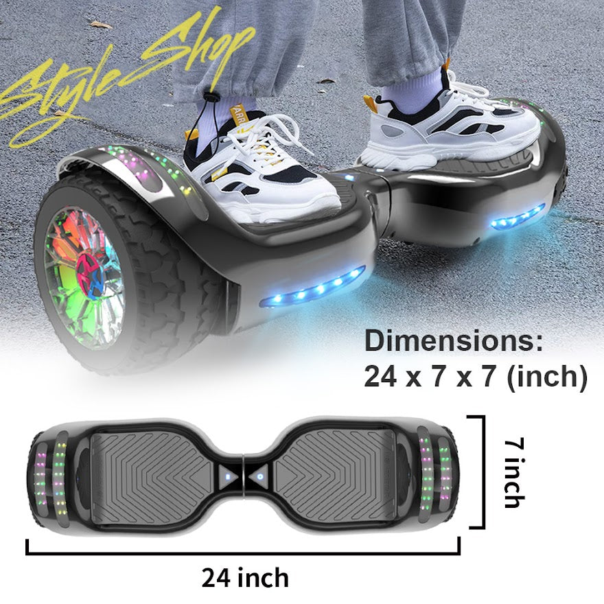 6.5-Inch Hoverboard with 10-Mile Range and 7 MPH Top Speed, Self-Balancing Electric Scooter with Dual Motors, Portable Design and Smooth Riding Performance. The compact 6.5-inch wheels provide responsive handling and easy control, while the rechargeable b