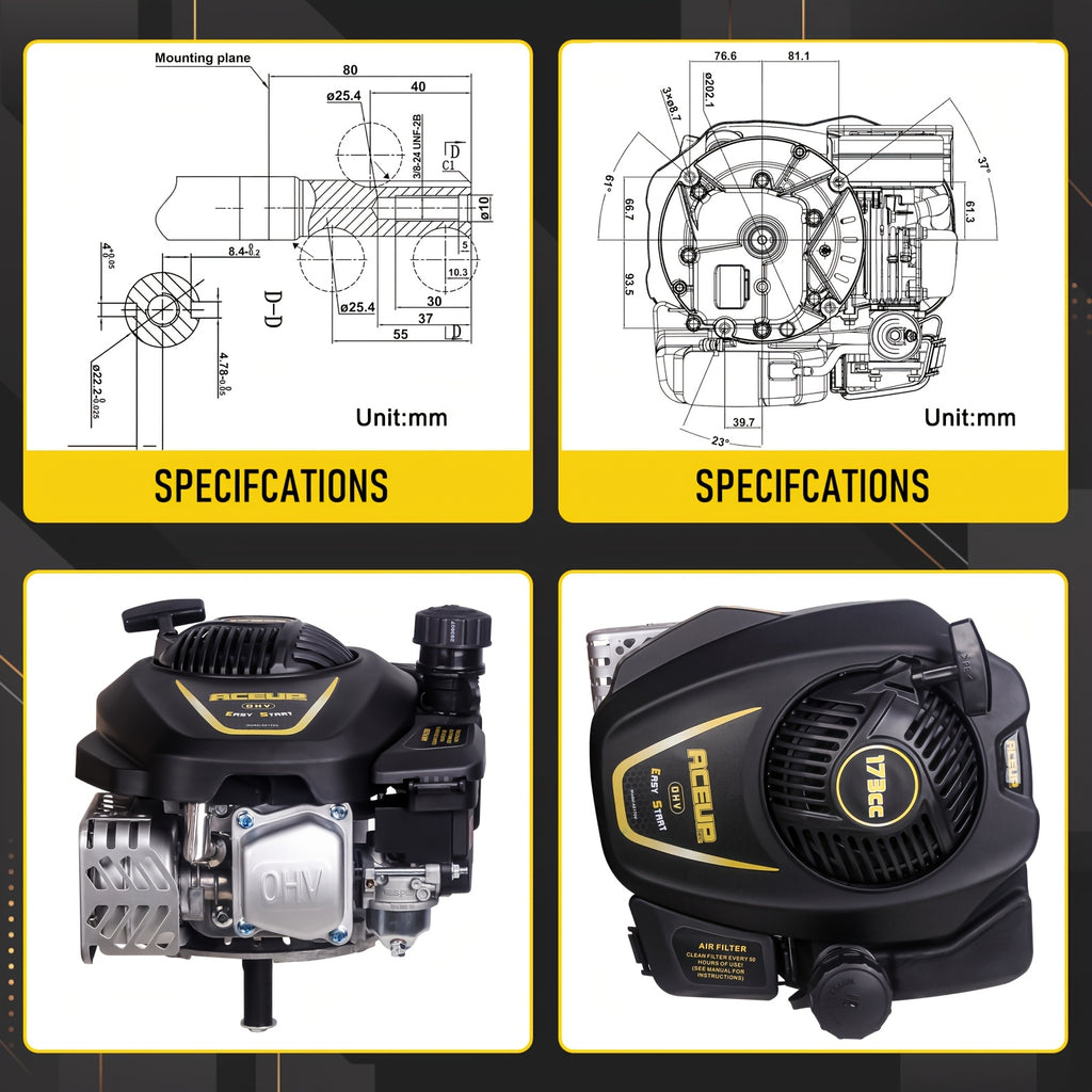 Aceup Energy Gas Engine Vertical Shaft, 4.4HP 173cc 4-Stroke OHV Gas Motor with Primer for Lawn Mower, EPA Compliant