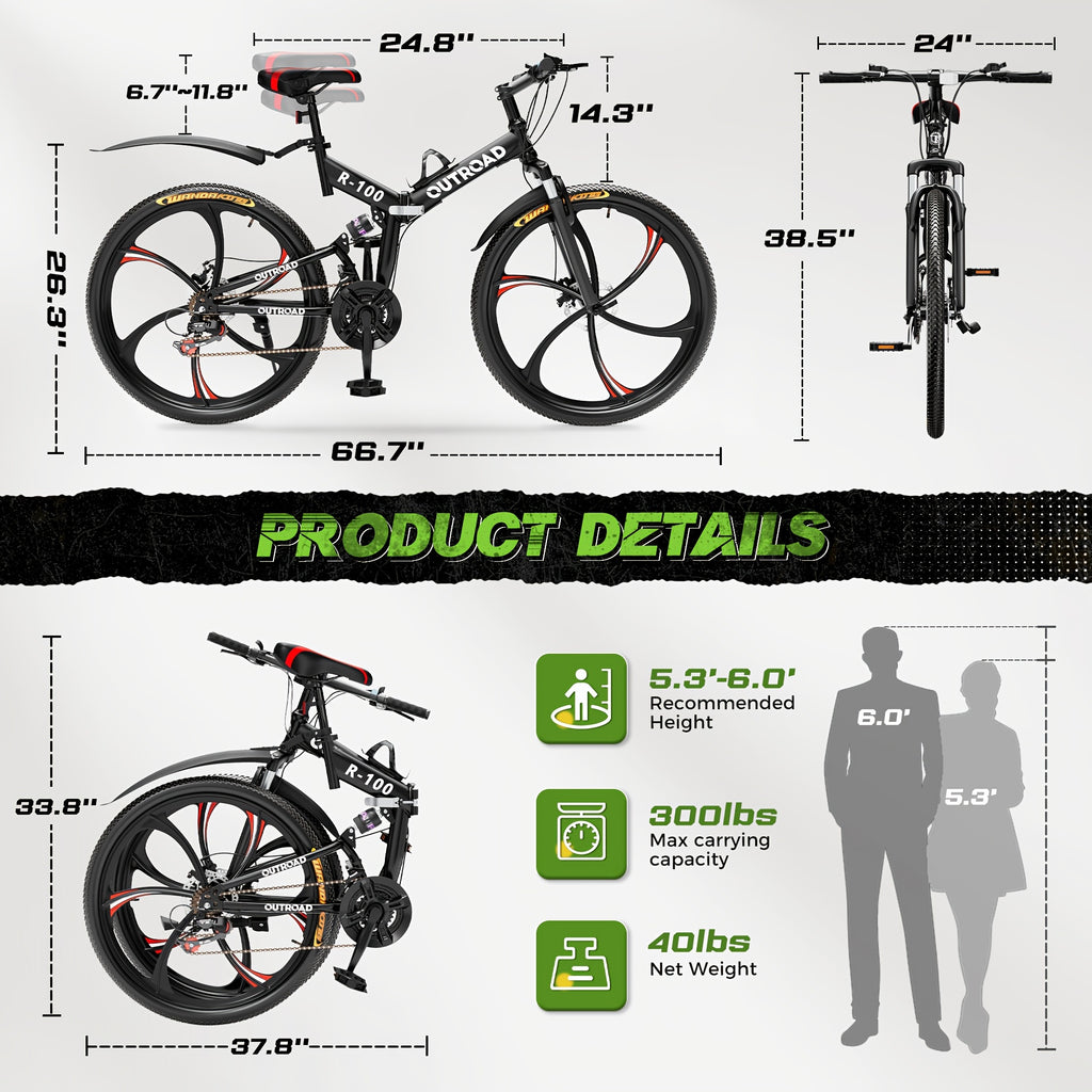 26 Inch Adult Folding Bikes/Mountain Bikes, 21 Speeds Mountain Bicycles with Full Suspension, Dual Disc Brake, High Carbon Steel Frame, Foldable Bike for Men/Women/Teen (Black&Orange)