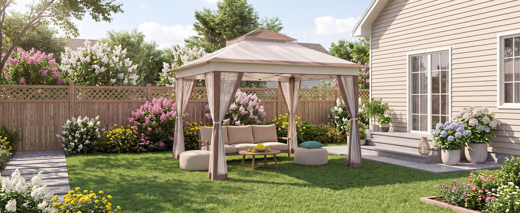 KAMEROUT Canopy Gazebo with Full Mesh Sidewalls, One-Touch Instant Setup Height Adjustable Outdoor Shelter Tent for Patio Backyard Party BBQ