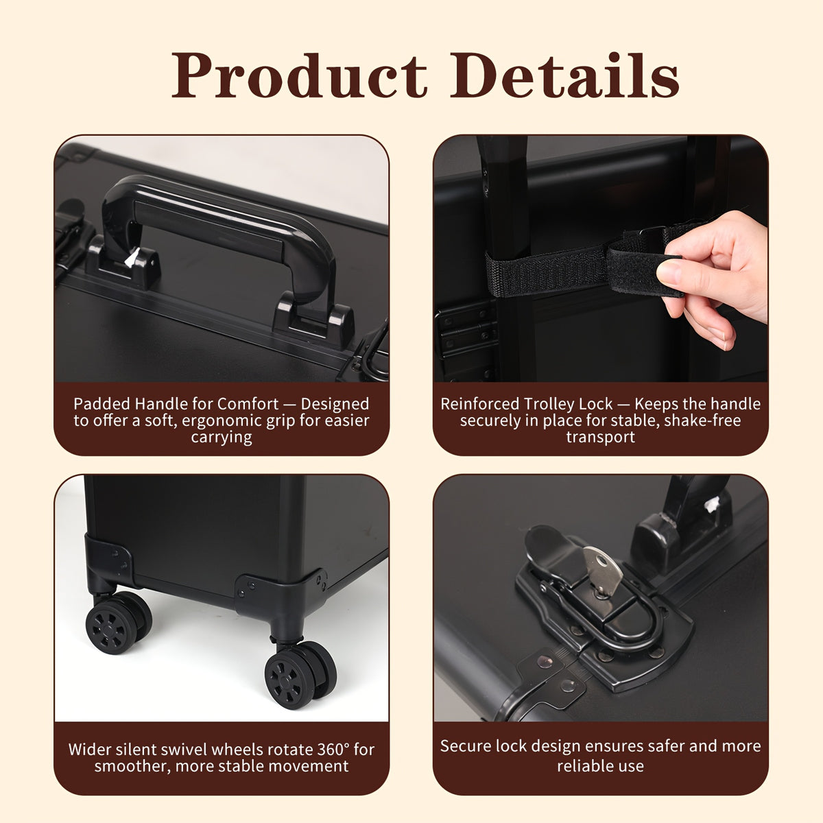 4 in 1 Professional Rolling for makeup Train Case | Extra Large Black Aluminum Cosmetic Trolley with Detachable Modular Design and 360° Swivel Wheels for Makeup, Nail, and Tattoo Artists | Ideal Christmas Gift for Hairdressers/Beauticians