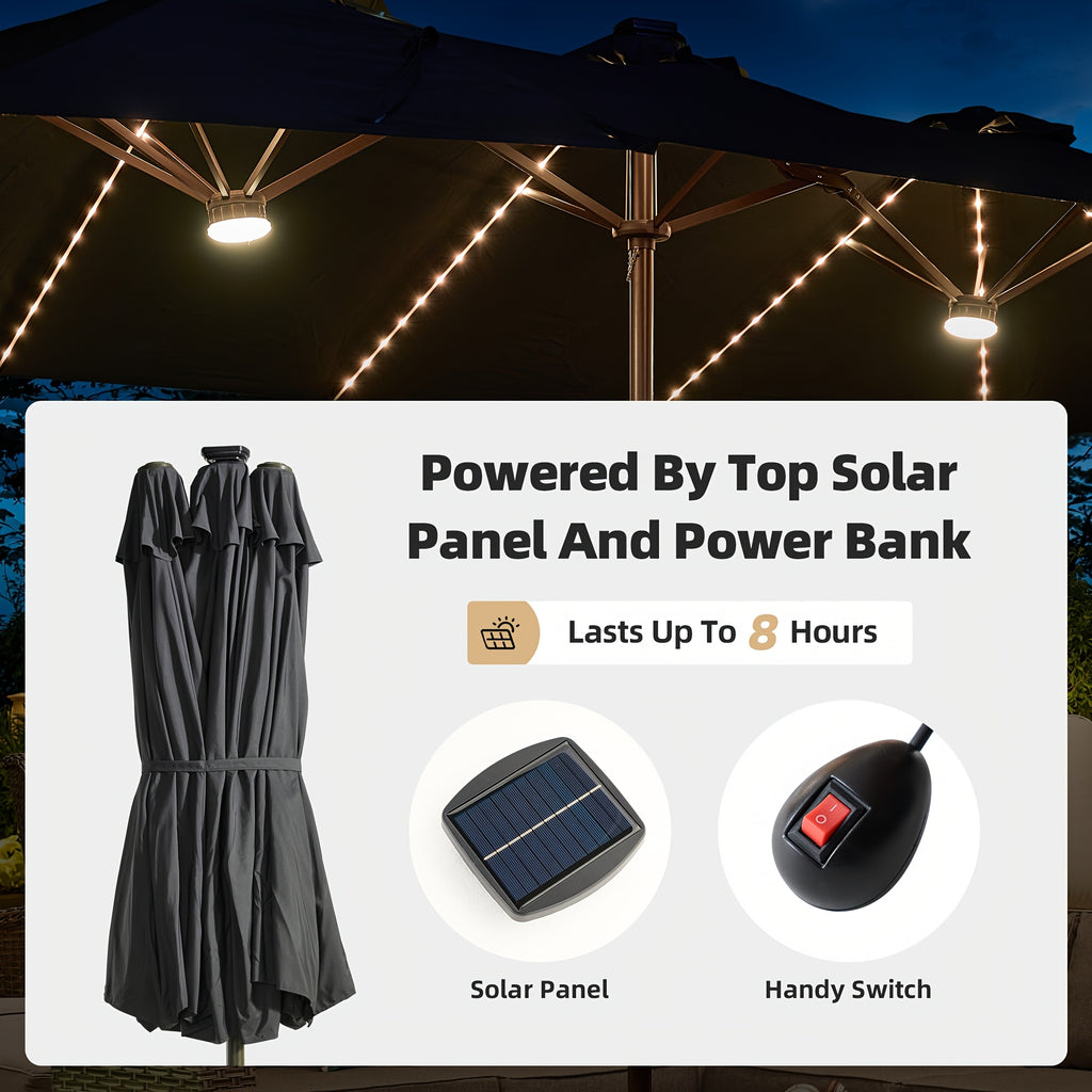 15-Foot Double-Sided Patio Umbrella (Base Included), Large Outdoor Market Table Umbrella, 36 Solar-Powered LED Lights, 12 Heavy-Duty Ribs for The Patio Umbrella, Automatic Solar Charging Providing 8 Hours of Illumination, Suitable for Terrace, Deck