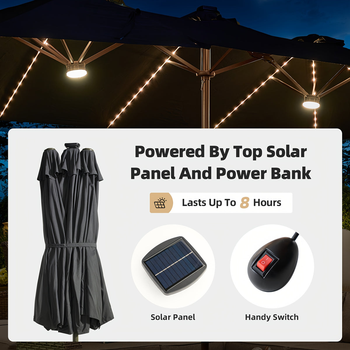 15-Foot Double-Sided Patio Umbrella (Base Included), Large Outdoor Market Table Umbrella, 36 Solar-Powered LED Lights, 12 Heavy-Duty Ribs for The Patio Umbrella, Automatic Solar Charging Providing 8 Hours of Illumination, Suitable for Terrace, Deck