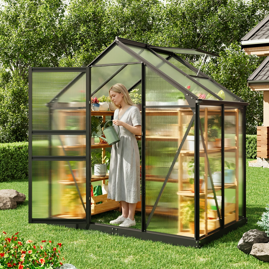 Walk-In Greenhouse with Roof Ventilation, 6 x 4 ft Polycarbonate Garden Structure on an Aluminum Frame