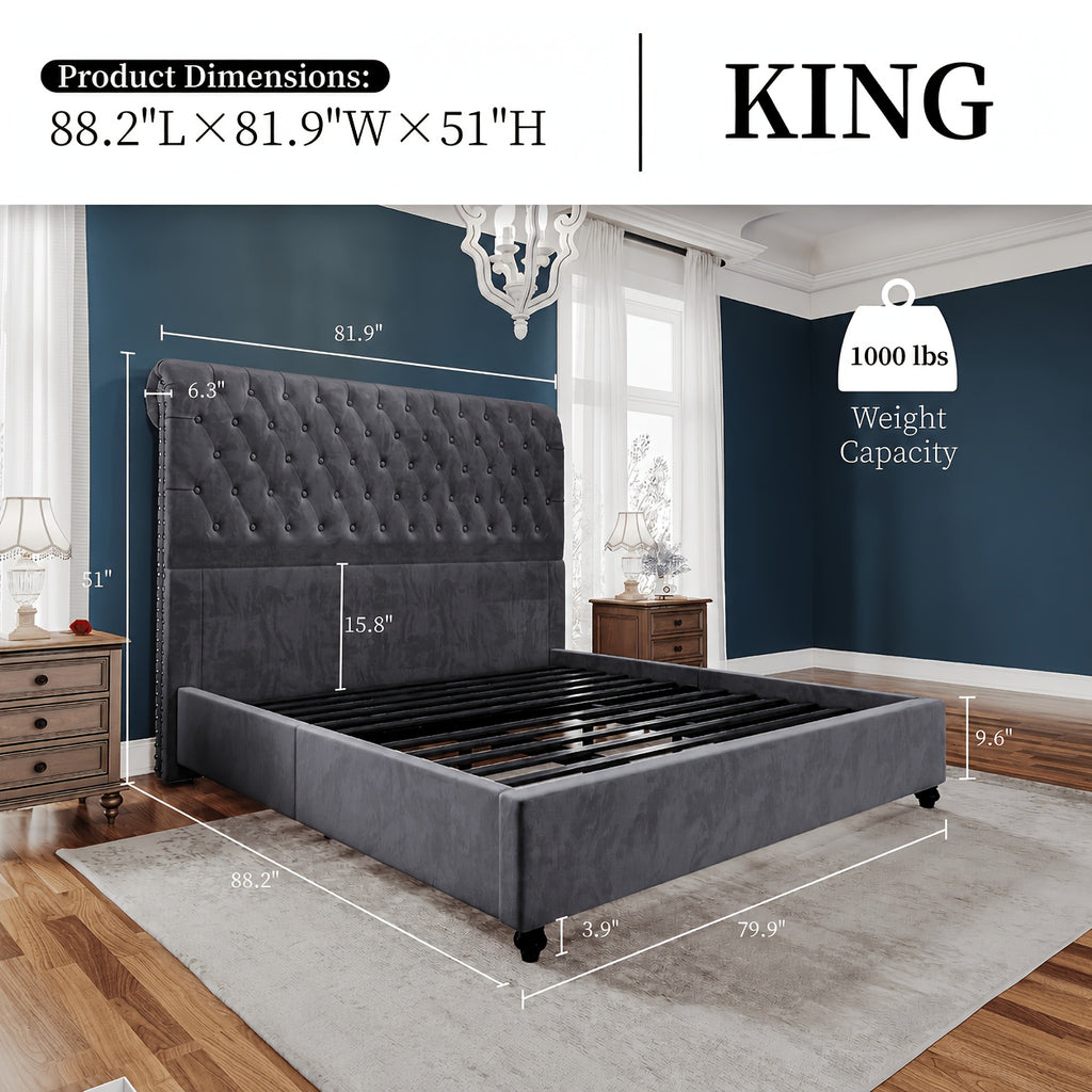 Papajet Upholstered Sleigh Platform Bed Frame with Diamond Button Tufted Headboard