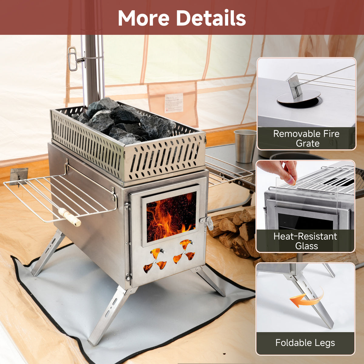 Wood Burning Sauna Hot Tent Stove, 2 in 1 Tent Wood Burning Stove with Chimney Pipe for Outdoor Camping Heating