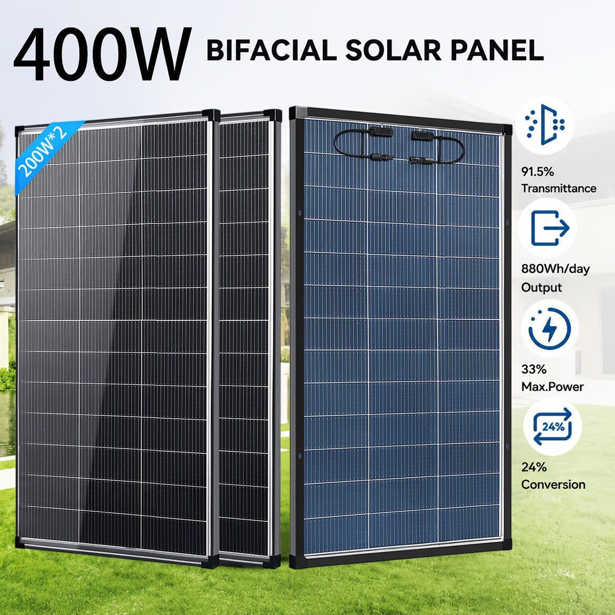 400W/200W Solar Panel Suitable for Home Rooftop, Farm & Off-Grid Systems - Bifacial Monocrystalline Panel with MC4 Connectors, Removable Module, Housing & 18BB A+ Cells for Outdoor Power Station, RV,, Generation