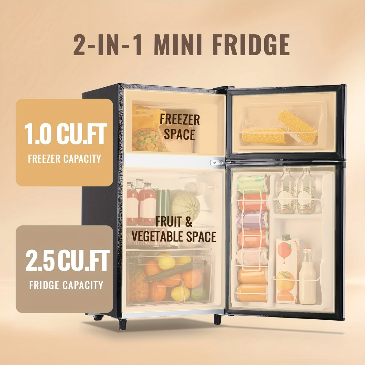 WANAI Double Door Small Refrigerator with Freezer, 3.5/4.5/5.0 Cu.Ft Small Fridge with 7 Level Adjustable Thermostat & Removable Shelves, Mini Refrigerator for Kitchen Apartment And Office, Silvery