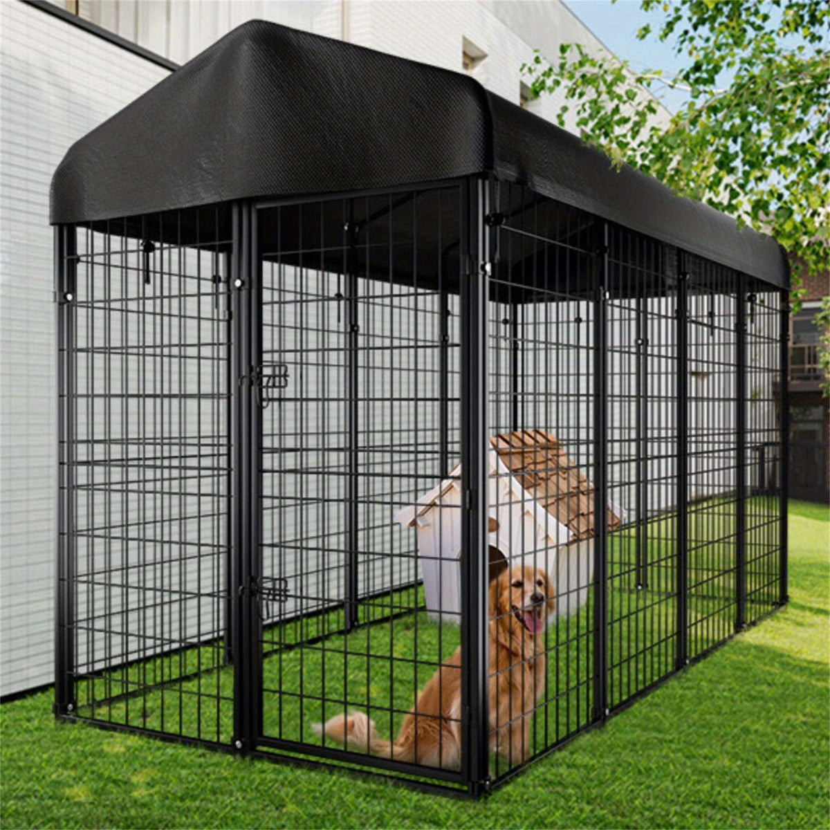 98"L x 49"W x 71"H Dog Kennel Outdoor with Waterproof Roof, 8x6x4ft Large Outdoor Kennel with Rotating Feeding Door, Bowls, Dog Cage for Outside Dog House Enclosure for Dogs, Cat, Rabbit
