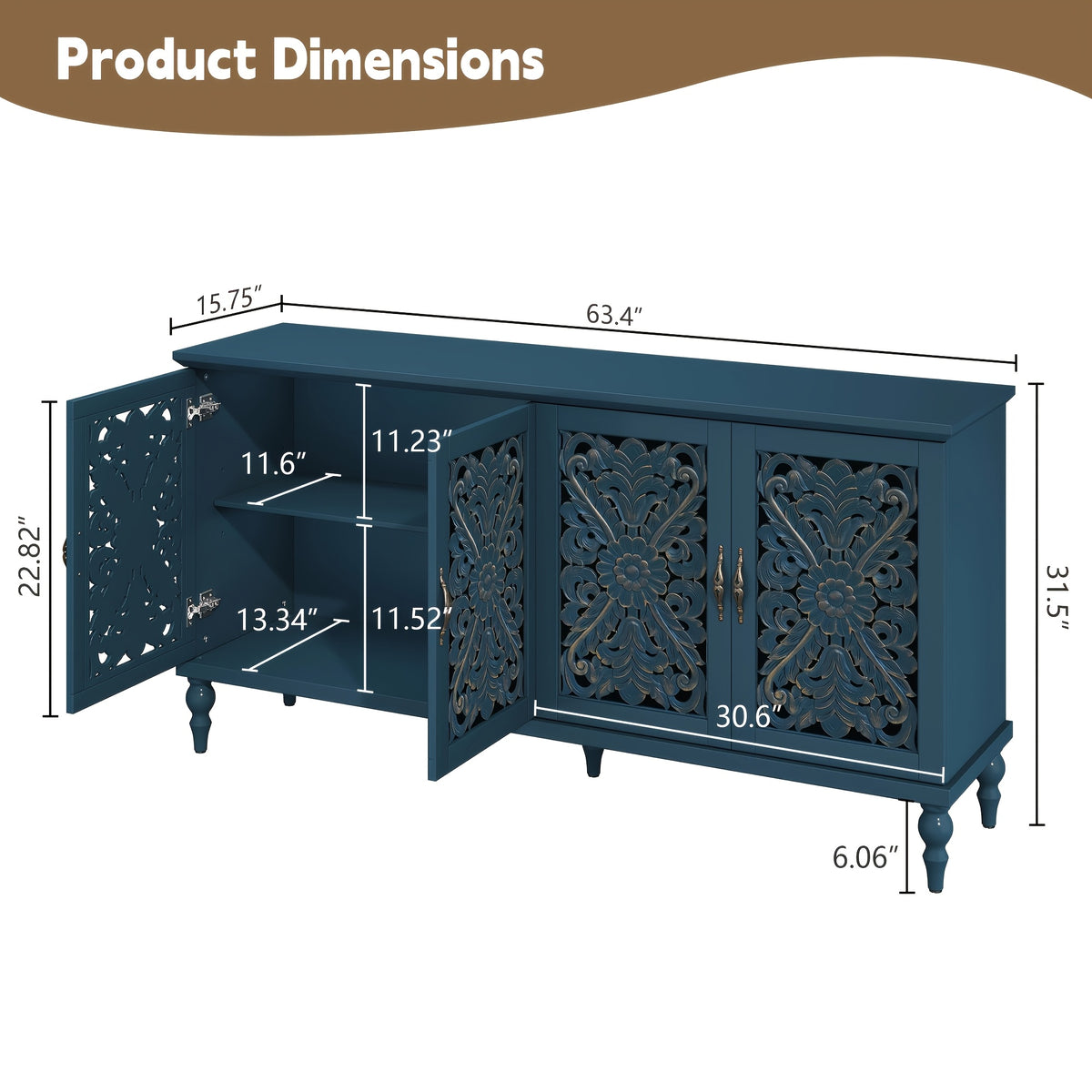 63" Accent Cabinet with 4 Doors, Hollow Carved Vintage Sideboard Buffet with Adjust Shelves, Wood Credenza Storage for Living Room, Dining Room, Kitchen