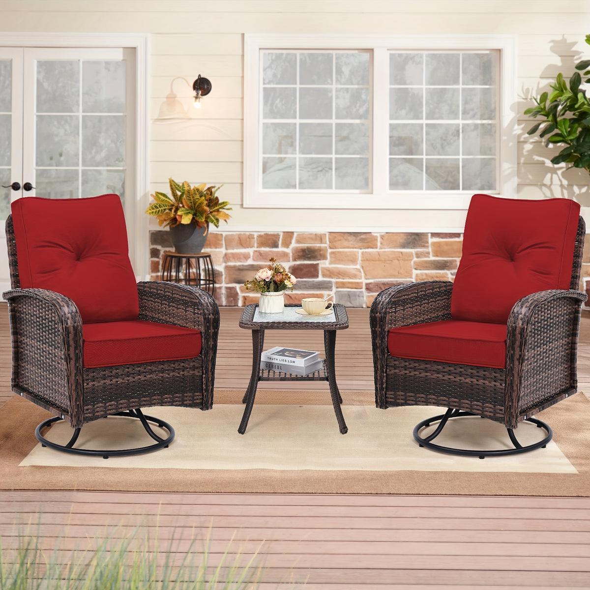 3pcs Patio Wicker Glider-Rocker Set, 360-Degree Swivel, Includes 2 Large Wicker Gliders And Matching Rattan Table, Thick Comfortable Washable Cushions, Perfect for Deck, Porch, Patio, As an Accent Chair Set