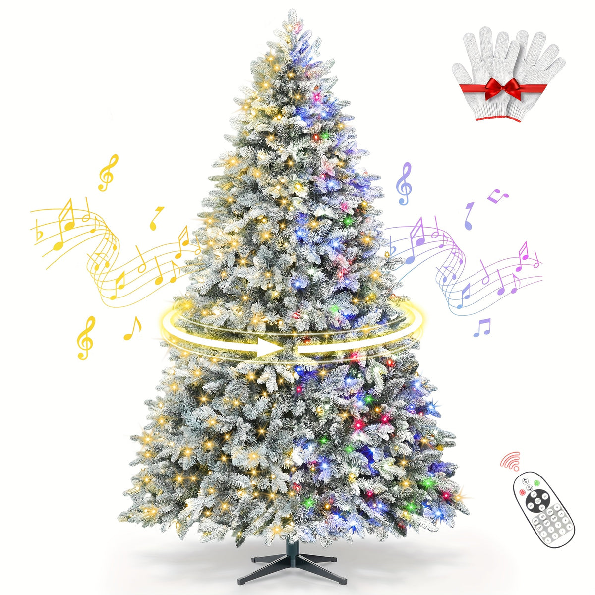 9ft Prelit Snow Flocked Artificial Christmas Tree with Multifunctional Remote, 8 Lighting Modes and 10 Brightness Musical Xmas Tree with Auto-Off Timer, 360 Degree Rotating Base Christmas Tree for Holiday Decorations