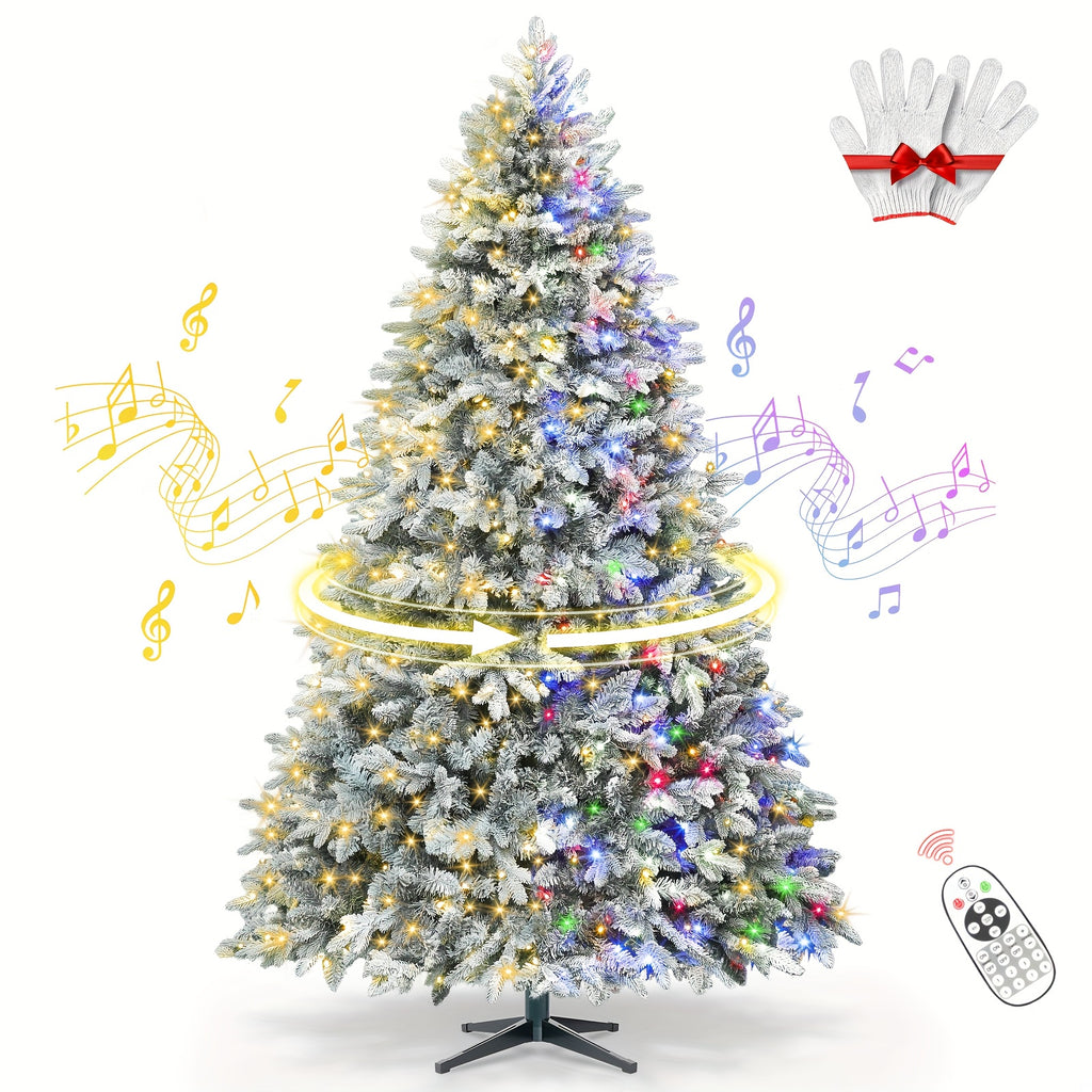 9ft Prelit Snow Flocked Artificial Christmas Tree with Multifunctional Remote, 8 Lighting Modes and 10 Brightness Musical Xmas Tree with Auto-Off Timer, 360 Degree Rotating Base Christmas Tree for Holiday Decorations