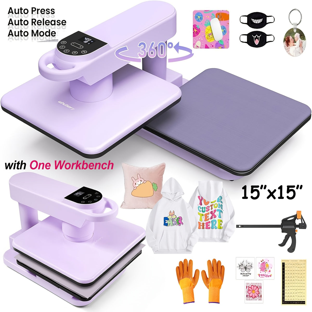 15x15 Inch Swivel Auto Heat Press Machine, 360° Swing Away Smart T-Shirt Printing W/Auto Press & Auto Release & Auto-Off, 7 Adjustable Pressures & 1.85" Higher Heating Height For HTV, Dual-tube Heatinbg, Sublimation, Heat Transfer Projects