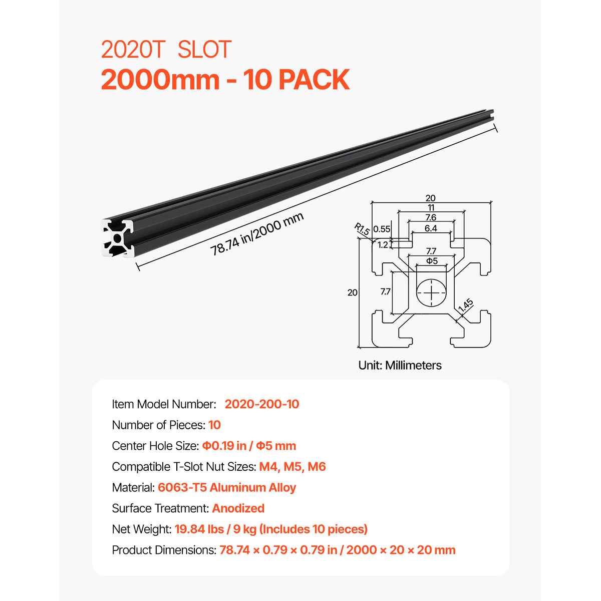 VEVOR T Slot 2020 Aluminum Extrusion Anodized Linear Rail, High-Strength Extruded Aluminum Rail for 3D Printer, CNC Machine DIY, Laser Engraving, 1000/1200/1500/2000mm