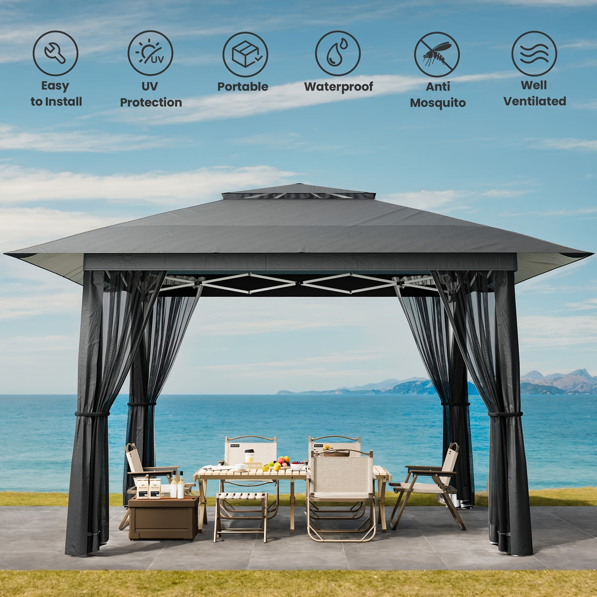Pop Up Gazebo Tent, 11x11 & 13x13 Outdoor Canopy Featuring Mosquito Netting and Roller Bag