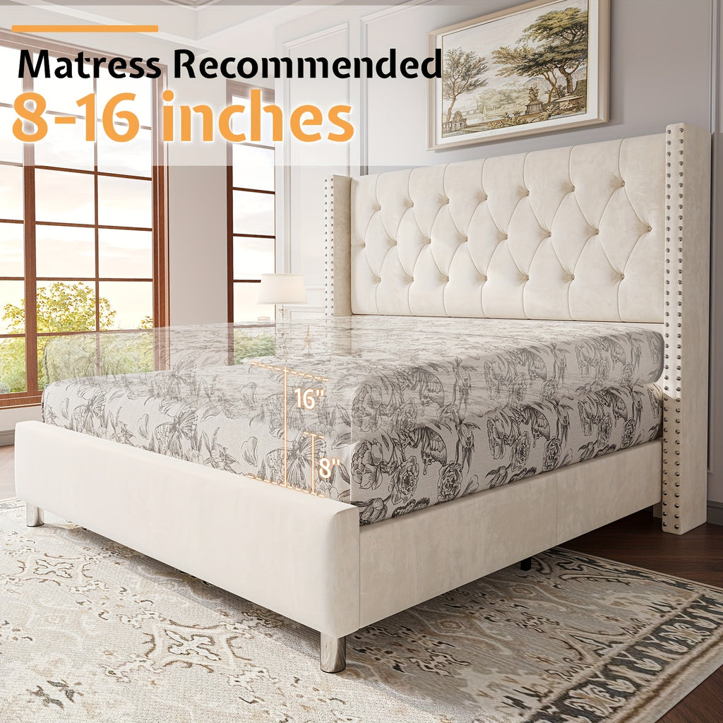 Papajet Velvet Upholstered Bed Frame with Wingback Headboard, No Box Spring Required