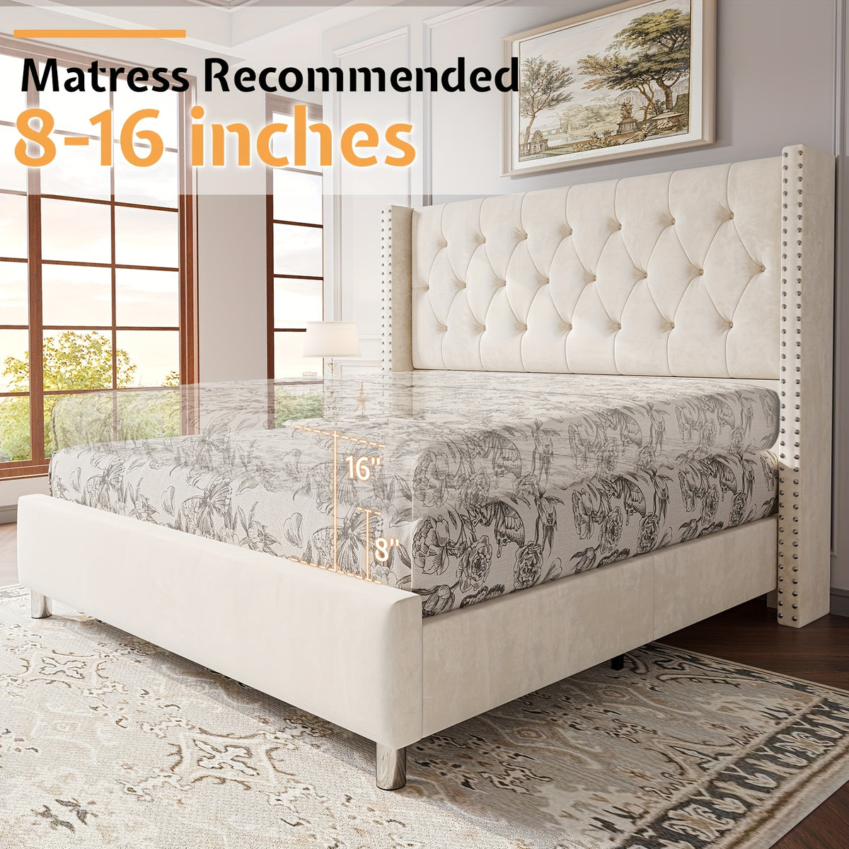 Papajet Velvet Upholstered Bed Frame with Wingback Headboard, No Box Spring Required