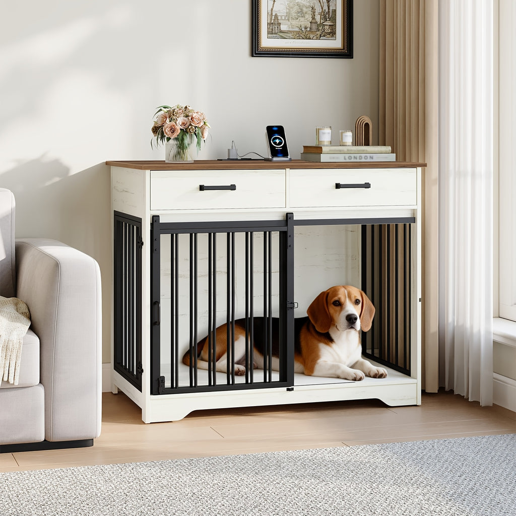 38.2'' Dog Crate Furniture with Charging Station, Barn Door Dog Kennel Indoor with 2 Storage Drawers, Wooden Pet Cage End Side Table for Medium/Large Dogs, Chew-Proof, Black/White Brown
