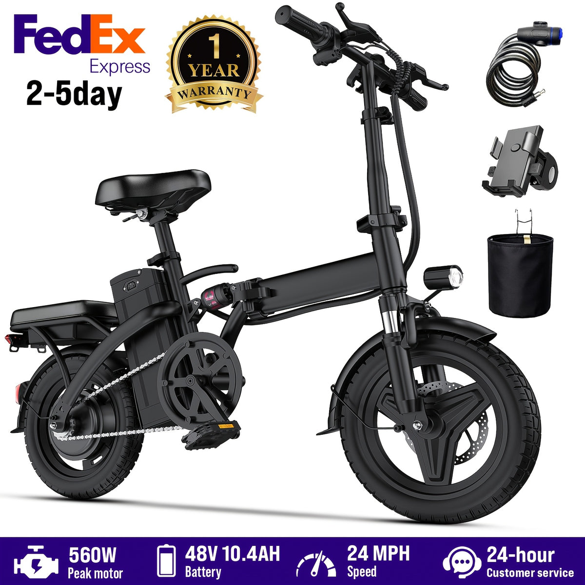 Folding Electric Bike, 560W Motor, 18-24MPH Top Speed, 48V 7.8-12AH Battery, 25-30 Miles Pedal-Assisted Range, 500LBS Max Load Capacity, Ideal for Daily Commuting And Outdoor Trips