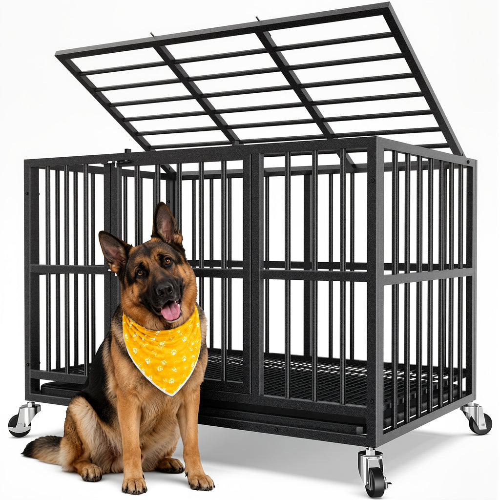 [Indoor Dog Crate] Heavy Duty Simple Version Round Pipe Iron Dog Crate, Indoor Double Door Dog Crate With Wheels With Removable Tray