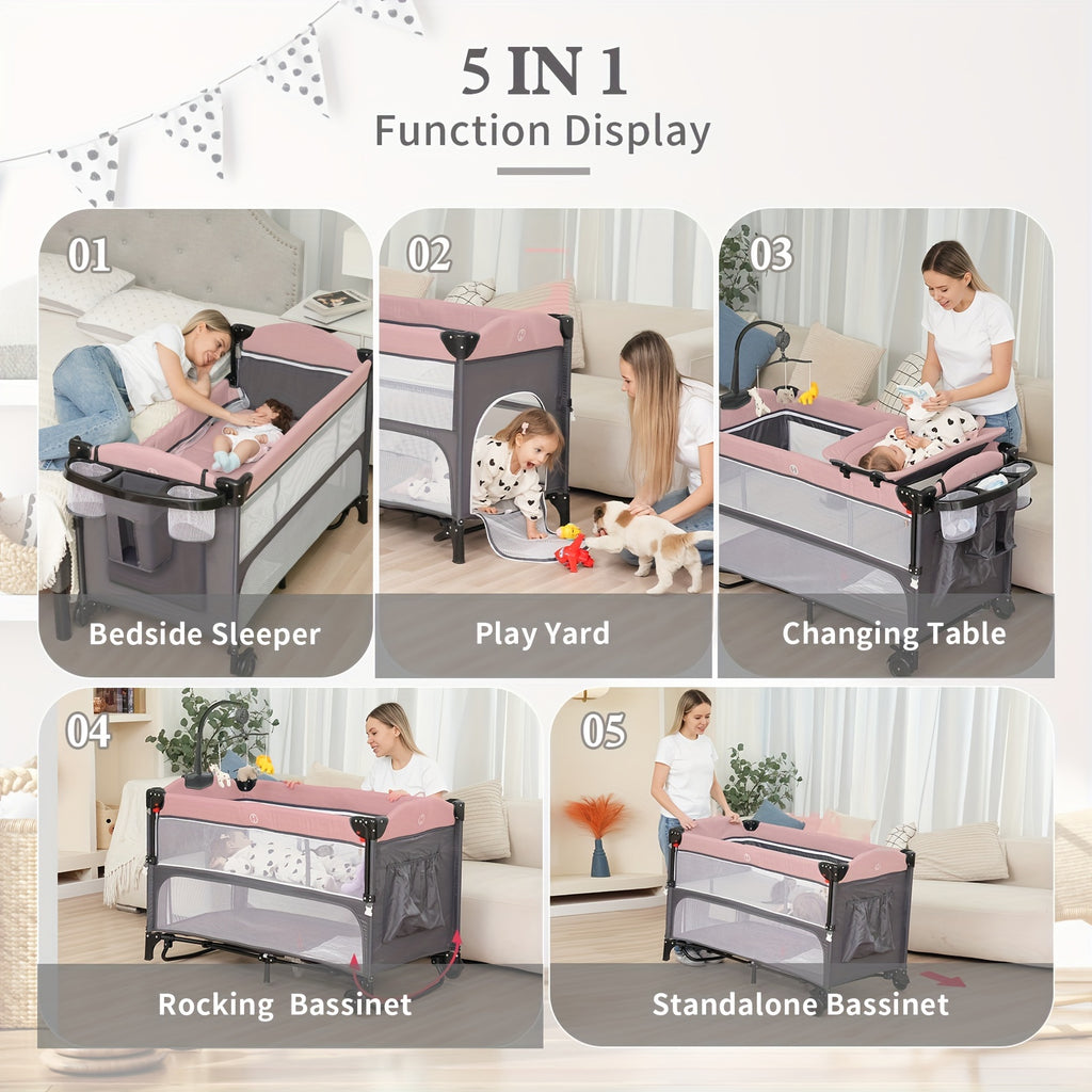5-In-1 Baby Bassinet Sleeper to Crib with a Diaper Changing Station, Mattress Storage, And a Foldable Design. The Product Weighs 12 Kg. The Upper Section Can Hold Infants Up to 15 Pounds, While The Lower Section Supports Infants Up to 50 Pounds. Col