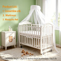 Non-full-size Wooden Convertible Crib with a Dome-shaped Mosquito Net and 3-inch Sponge Mattress, Convertible into a Rocking Bed. Features a Three-position Adjustable Bed Base Height and Oversized Storage Space at the Bottom. Equipped with TPR Steel