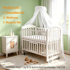Non-full-size Wooden Convertible Crib with a Dome-shaped Mosquito Net and 3-inch Sponge Mattress, Convertible into a Rocking Bed. Features a Three-position Adjustable Bed Base Height and Oversized Storage Space at the Bottom. Equipped with TPR Steel