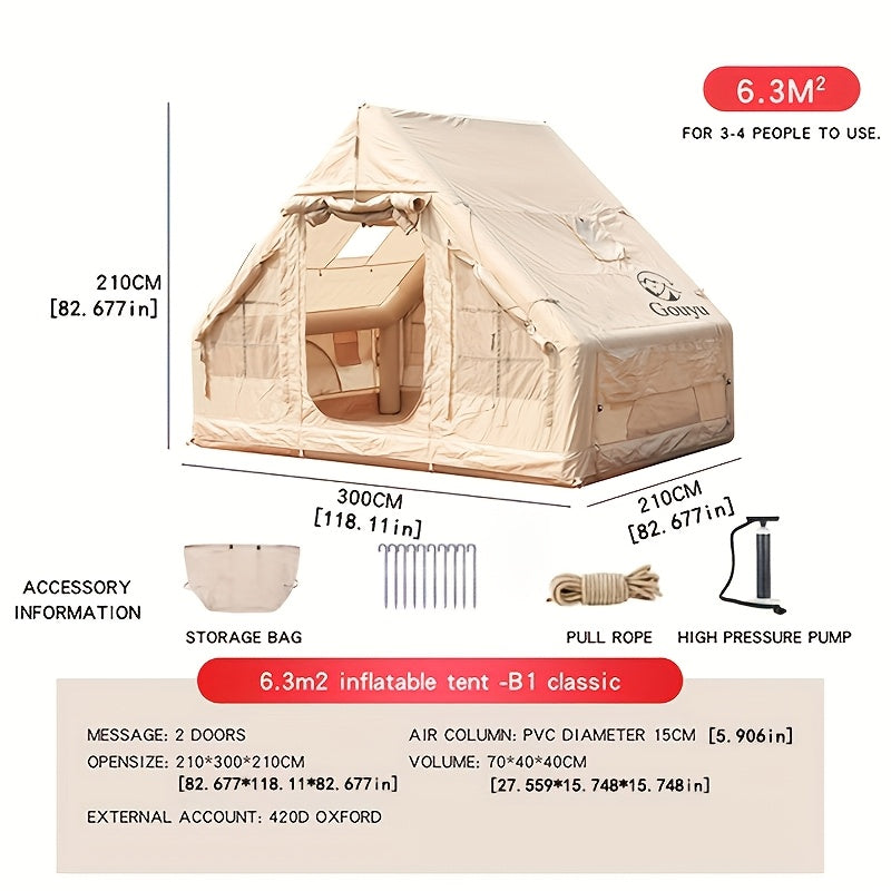 6.3/12 Square Meter Luxury Inflatable Tent, 4-6/8-10 Person All-Season Tent, Easy to Set Up