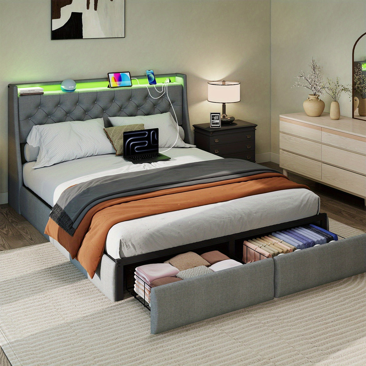 Queen Bed Frame with 2 Storage Drawers And Luxury Wingback Upholstered Button Tufted Storage Headboard, Charging Station, Storage Headboard And LED Lights/Noise-Free/Grey
