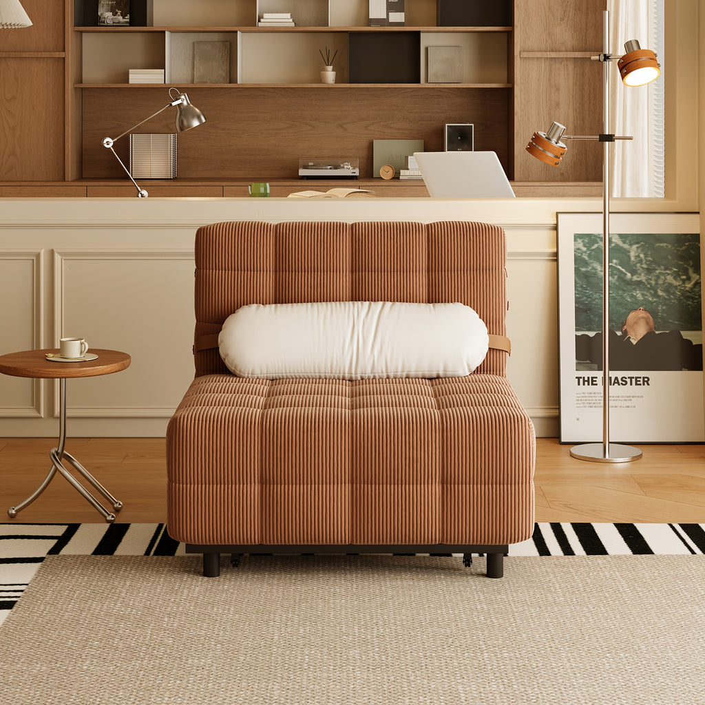 Convertible Single Sofa Bed | Foldable Chair Bed Sleeper with Adjustable Backrest & Pillow - Plush Corduroy Upholstery, Durable Metal Frame, Tufted Design for Living Room (Cream Beige/Brown)