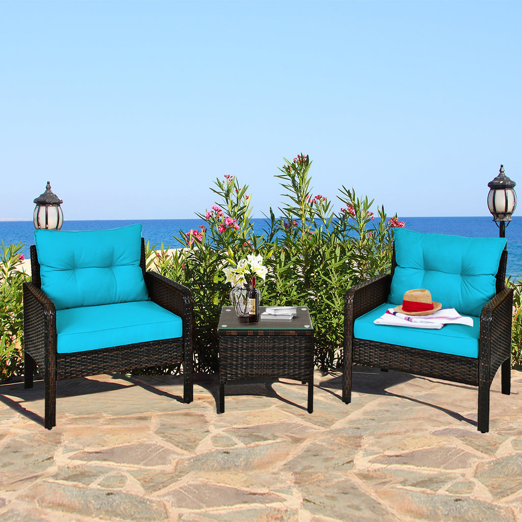 Patio Conversation Set by COSTWAY with Two Cushioned PE Rattan Chairs and Tempered Glass Side Table