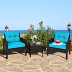 Patio Conversation Set by COSTWAY with Two Cushioned PE Rattan Chairs and Tempered Glass Side Table