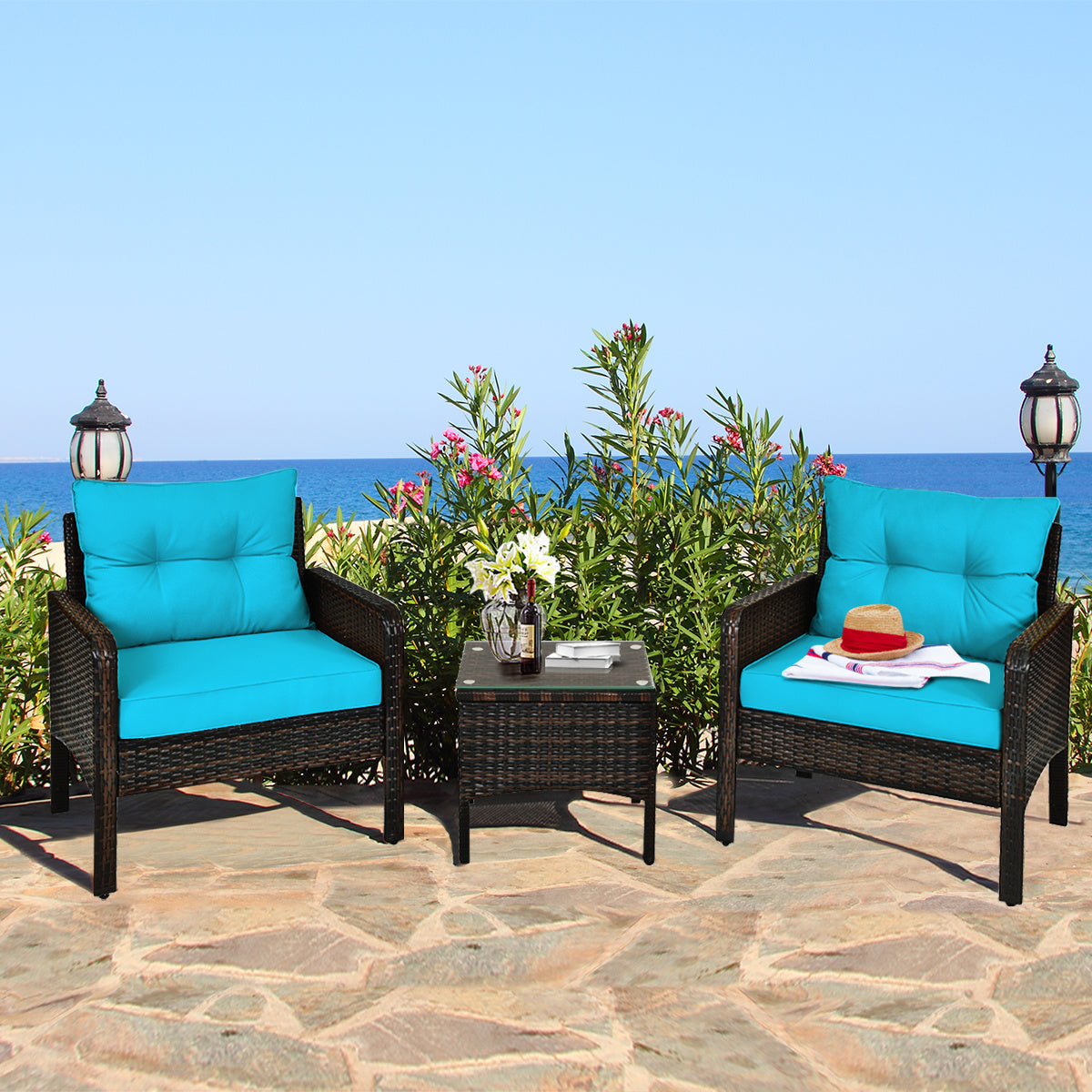 Patio Conversation Set by COSTWAY with Two Cushioned PE Rattan Chairs and Tempered Glass Side Table
